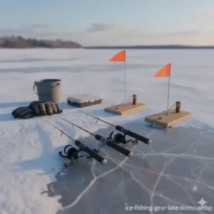 A collection of affordable ice fishing gear, including rods and tip-ups, on Lake Simcoe.