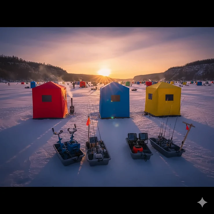 Professional ice fishing gear in Quebec set up outside colorful huts at an ice village on the Saguenay Fjord.