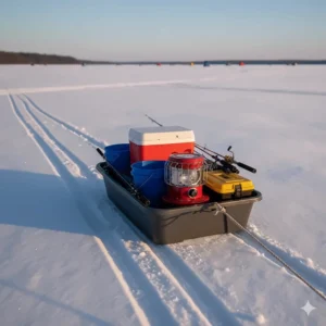 Utility sled loaded with ice fishing gear for easy transport across snowy Quebec fishing spots.