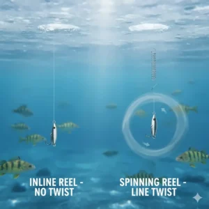 Illustration of how inline reels prevent line twist for a natural lure presentation when ice fishing for finicky perch.