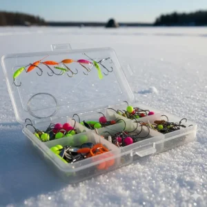 Selection of colorful ice fishing jigs and lures optimized for Quebec's Atlantic tomcod and perch.