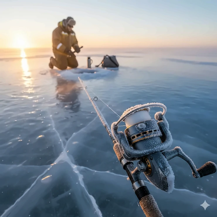 An angler in Canada inspecting an ice fishing reel freezing problem during a cold morning on a frozen lake; features frost buildup on the spool and line.