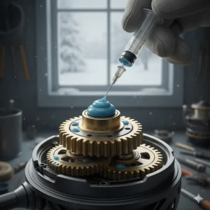 Close-up illustration of applying synthetic cold-weather grease to prevent ice fishing reel freezing problems in extreme Canadian temperatures.