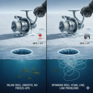 Performance of inline vs spinning reels in extreme Canadian winter temperatures and freezing conditions.