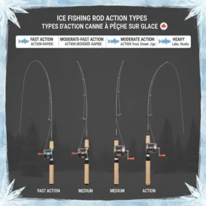 Diagram showing fast vs. slow action bends in an ice rod to help anglers understand how to choose ice fishing rod sensitivity.