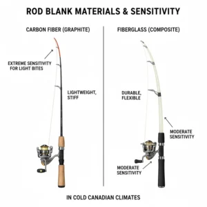 Comparison of carbon fiber and fiberglass ice fishing rod lengths and how they affect sensitivity in cold climates.