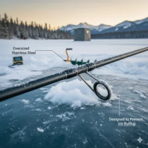 Close-up diagram of oversized stainless steel guides on a lake trout rod designed to prevent ice buildup.