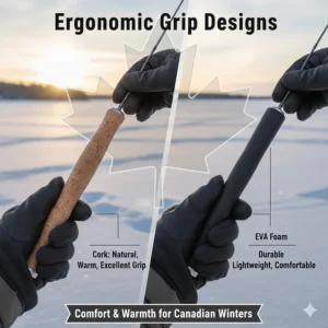 Comparison of cork and EVA foam handles on early ice fishing rods designed for comfort and warmth during Canadian winters.