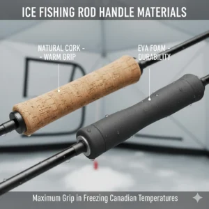 Comparison of cork vs. EVA foam handles on a walleye ice fishing rod for maximum grip in freezing Canadian temperatures.