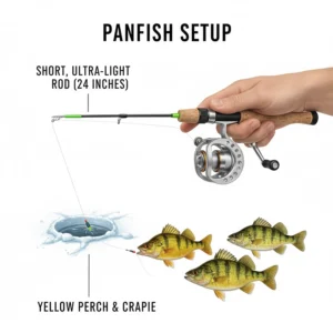Illustration of a short ultra-light rod ideal for targeting Yellow Perch and Crappie through the ice.