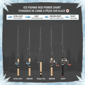 A comparison chart of ultra-light to heavy ice fishing rod power for Canadian species like perch and lake trout.