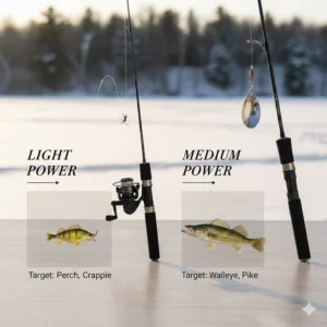 Comparison of light vs medium power ice fishing combos for targeting perch or walleye.