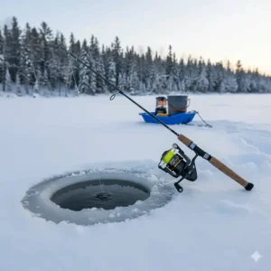 A high-performance ice fishing rod and reel combo sitting next to a carved ice hole in Northern Ontario.