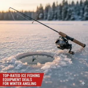 Close-up of a sensitive ice fishing rod and reel combo with a lure; top-rated ice fishing equipment deals for winter angling.
