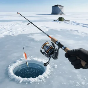 Detailed illustration of a medium-heavy ice fishing rod and reel combo designed for catching walleye in the Great Lakes.