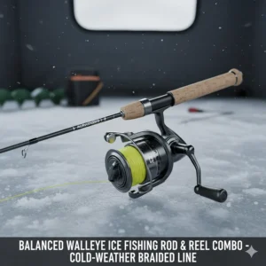 Close-up illustration of a balanced walleye ice fishing rod and reel combo featuring cold-weather braided line.