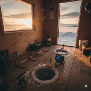 Interior view of an Ontario ice fishing hut showing a multi-rod setup with tip-ups and jigging rods.