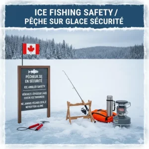 Illustration of an ice fishing rod alongside safety picks and a "Pêche sur glace" sign for Canadian bilingual awareness.