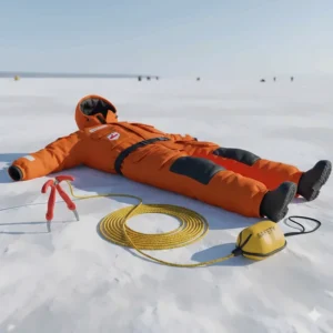 Essential safety equipment including ice picks, a flotation suit, and a throw rope for Great Lakes winter conditions.