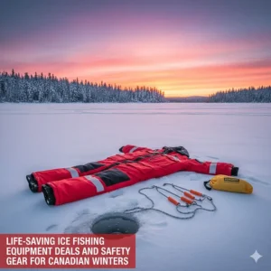 Safety picks, a throw rope, and a flotation suit; life-saving ice fishing equipment deals and safety gear for Canadian winters.