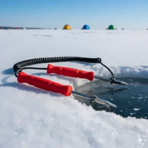 Essential ice fishing safety gear including retractable ice picks for emergency self-rescue on frozen lakes.