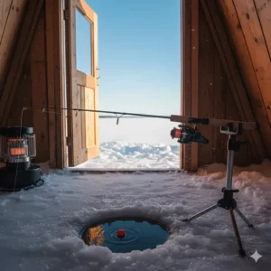 A cozy ice fishing hut in Quebec featuring a modern perch ice fishing rod resting on a specialized rod holder.