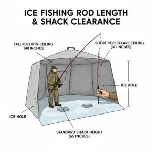 A guide showing how ice fishing rod length is limited by the ceiling height of a standard portable ice hut or shack.