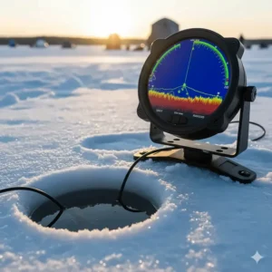 Live sonar fish finder displaying real-time depth and fish movement for ice fishing in Quebec.