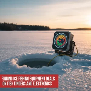 A sonar flasher unit showing fish depth and movement; finding ice fishing equipment deals on fish finders and electronics.