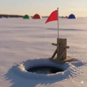 Traditional ice fishing tip-up with a raised red flag signaling a catch on a Quebec frozen river.