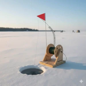 Traditional wooden ice fishing tip-up with a flag triggered, a classic piece of Great Lakes ice fishing tackle.