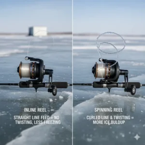 Diagram highlighting why inline reels reduce the ice fishing reel freezing problem compared to traditional spinning reels in sub-zero weather.