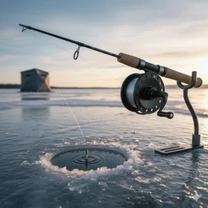 Modern inline reel ice fishing combo that prevents line twist, perfect for finessing skittish fish in clear Canadian waters.