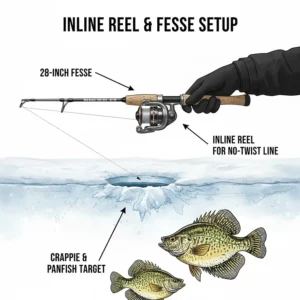 Close-up illustration of an inline reel paired with a 28-inch ice fishing rod for finesse winter angling.