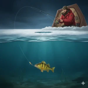 Using a modern inline ice fishing reel for shallow water finesse jigging in a Canadian ice fishing hut.