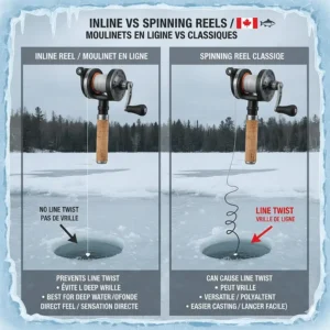 Illustration of how to choose ice fishing rod pairings for inline reels to reduce line twist in deep water.
