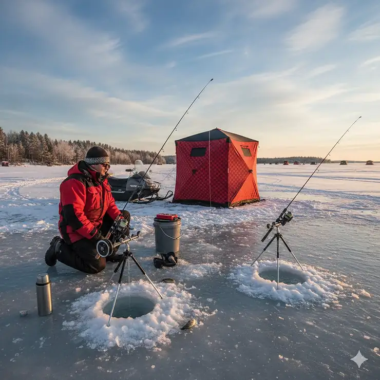 A comparison of an inline reel and a spinning reel setup on a frozen Canadian lake for winter fishing.