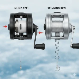Diagram showing the straight-line feed of an inline ice reel versus the coiled line twist of a spinning reel.