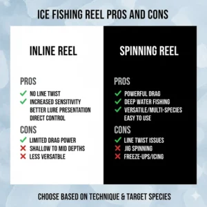 Infographic summary of inline vs spinning reel ice fishing advantages for Canadian anglers.