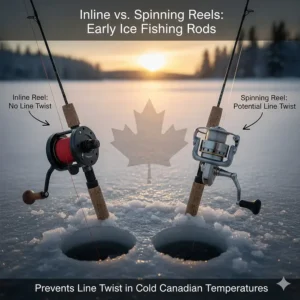 Comparison of inline and spinning reels mounted on early ice fishing rods to prevent line twist in cold Canadian temperatures.