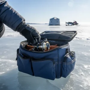 An insulated gear bag protecting tackle from the Canadian cold to avoid an ice fishing reel freezing problem before reaching the lake.