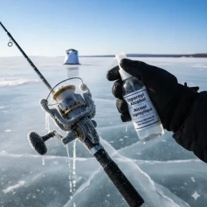 Graphic showing a spray bottle of rubbing alcohol being used to de-ice a reel spool to fix freezing issues on the ice.