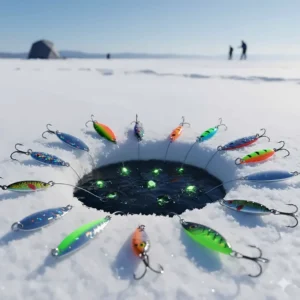 A collection of glowing jigging spoons and lures optimized for Great Lakes species like walleye and lake trout.