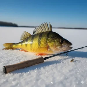 Illustration of a "Jumbo" yellow perch next to a specialized graphite perch ice fishing rod and a small jig.