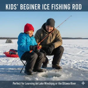 A shorter, durable walleye ice fishing rod suitable for youth anglers learning to fish on Lake Winnipeg or the Ottawa River.