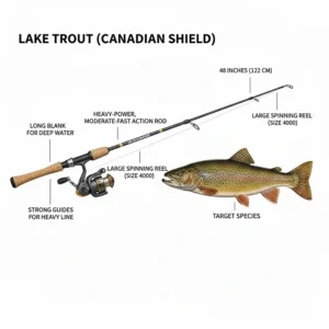 Illustration of a longer, heavy-power rod designed for deep-water Lake Trout fishing in the Canadian Shield.