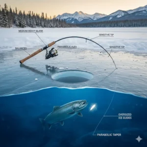 Technical illustration of a medium-heavy lake trout ice fishing rod showing the ideal tip flex for deep-water jigging.