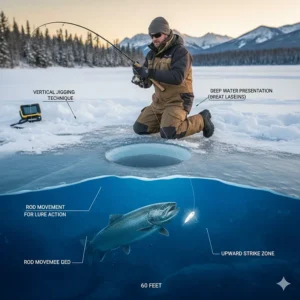 Illustration showing a lake trout ice fishing rod movement for vertical jigging 60 feet deep in Great Lakes conditions.