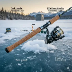 Comparison of cork and EVA foam handles on a specialized lake trout ice fishing rod for cold Canadian winters.
