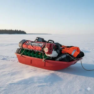 A heavy-duty utility sled (pulk) packed with ice fishing equipment for transport across frozen Canadian bays.